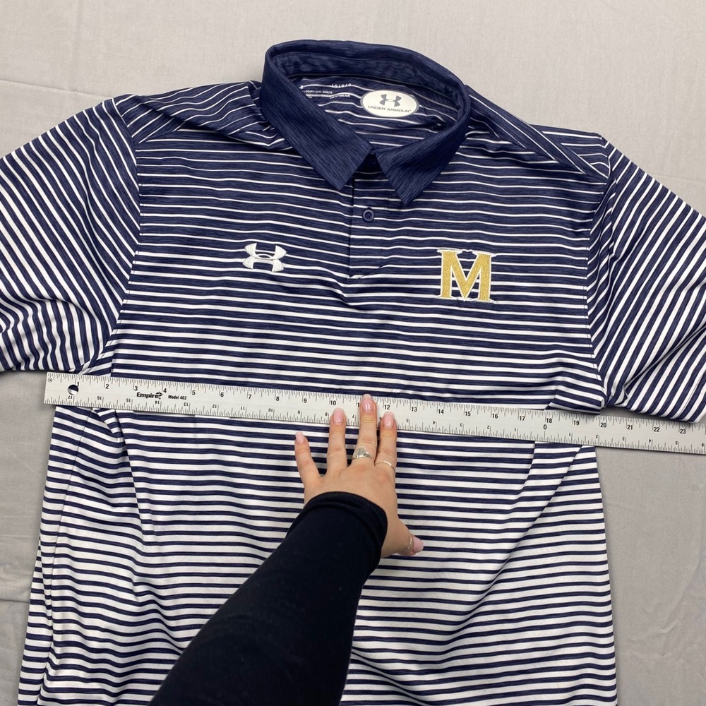 Under Armour HeatGear Mens Large Navy‎ Striped Polo Shirt Michigan M Logo - Picture 6 of 9